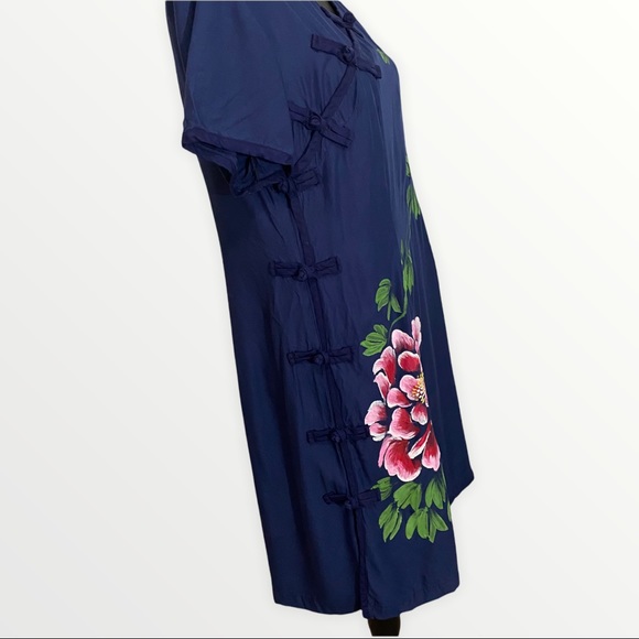 Dress Navy Blue Women's Large Hand Painted Pink Flowers Side Knotted Buttons - Picture 4 of 7